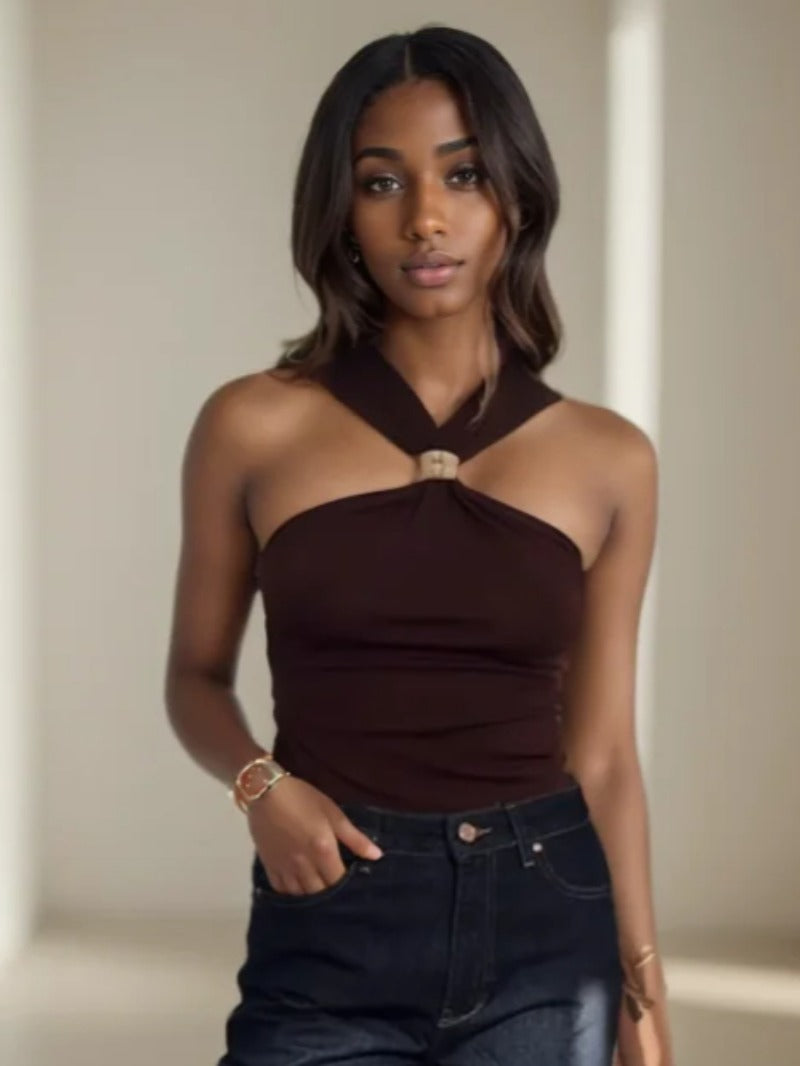 Women's Fashion Knit Halterneck Tank Top – Gold Appliques, Wide Straps, Camisole, Stylish Female Topwear