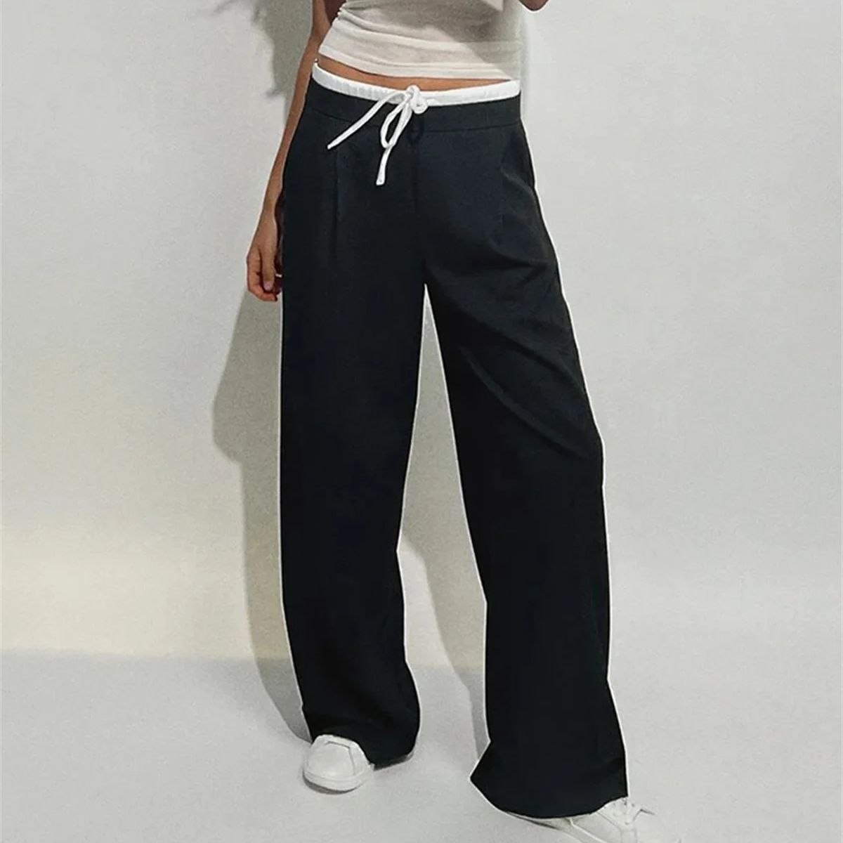 Women Fashion Straight Pants – Solid Color, Lace-Up, Side Zipper, Vintage Style, High Elastic Waist, Chic Lady Trousers
