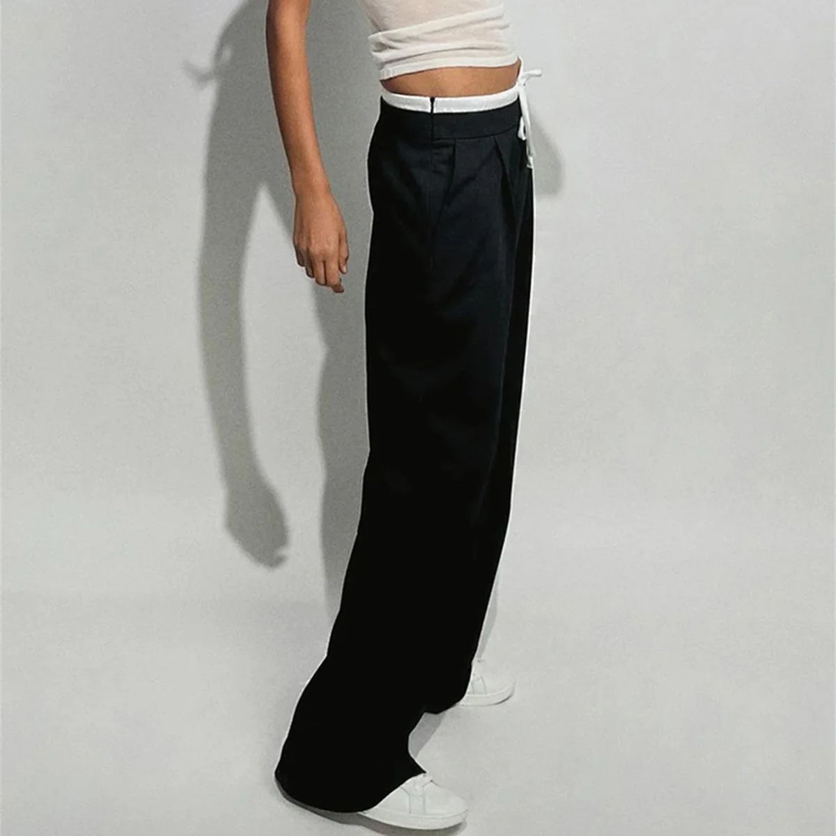 Women Fashion Straight Pants – Solid Color, Lace-Up, Side Zipper, Vintage Style, High Elastic Waist, Chic Lady Trousers