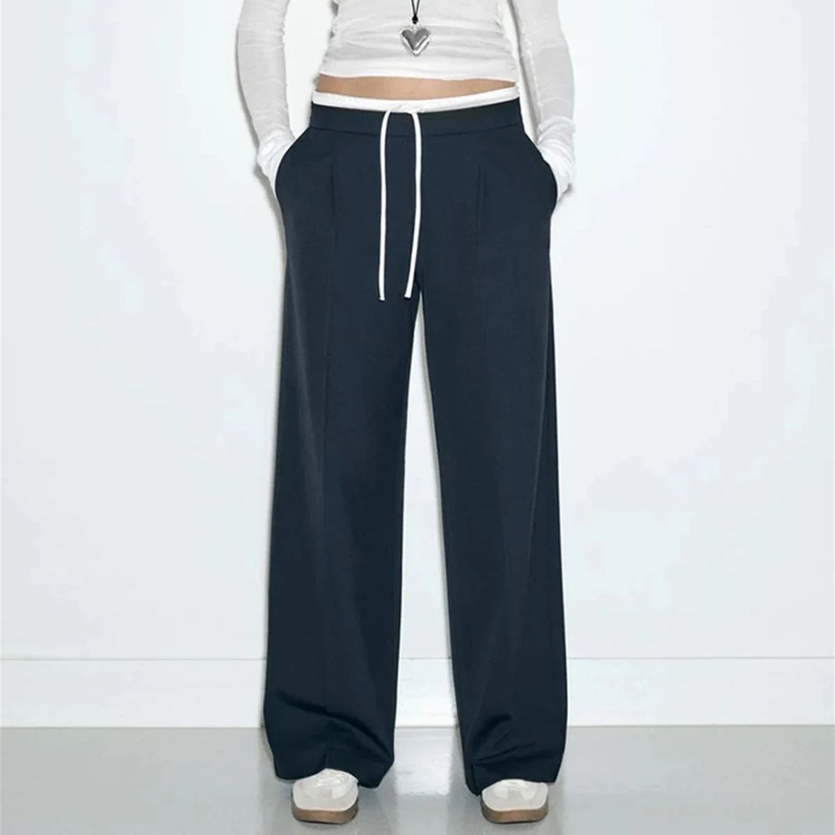 Women Fashion Straight Pants – Solid Color, Lace-Up, Side Zipper, Vintage Style, High Elastic Waist, Chic Lady Trousers