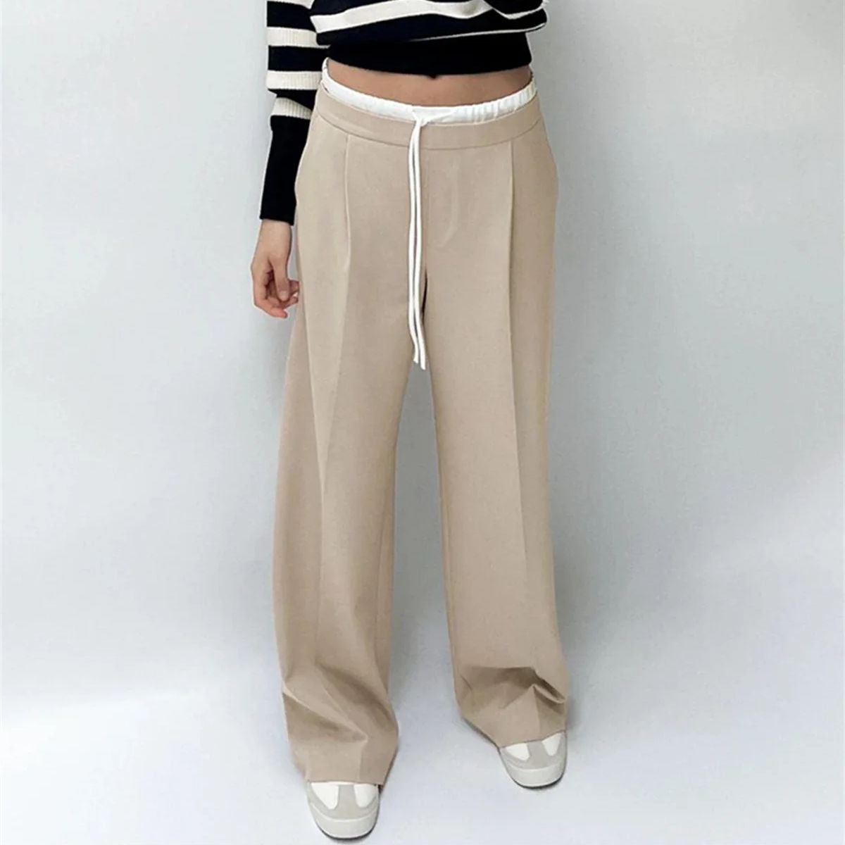 Women Fashion Straight Pants – Solid Color, Lace-Up, Side Zipper, Vintage Style, High Elastic Waist, Chic Lady Trousers