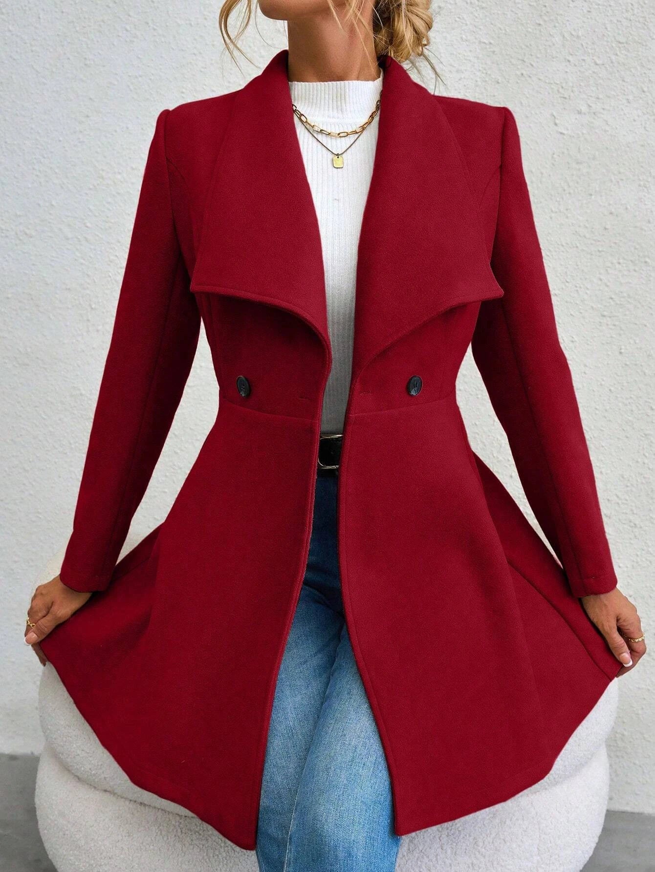 Women's Winter Coat – Solid Color, Long Sleeve, Lapel, Button-Up Workwear