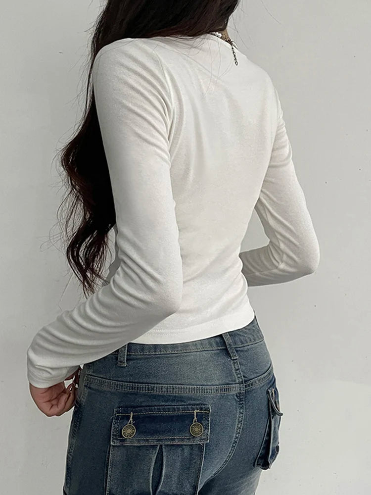 Rockmore Lace Stitching Kawaii T-Shirt – Slim Fit, Long Sleeve, Square Collar, Casual Spring/Autumn Pullover