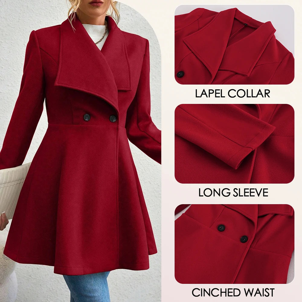 Women's Winter Coat – Solid Color, Long Sleeve, Lapel, Button-Up Workwear