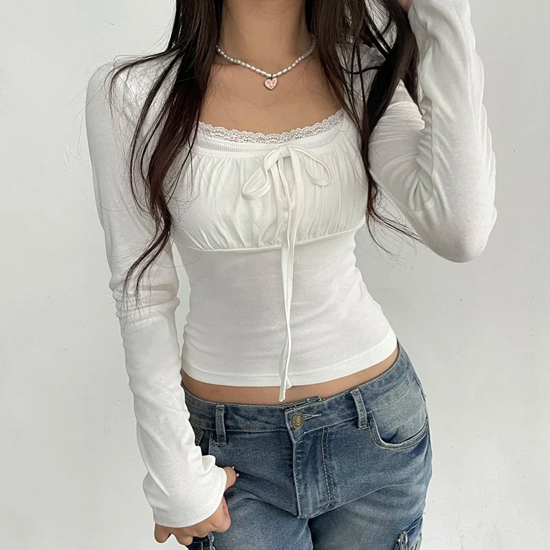 Rockmore Lace Stitching Kawaii T-Shirt – Slim Fit, Long Sleeve, Square Collar, Casual Spring/Autumn Pullover