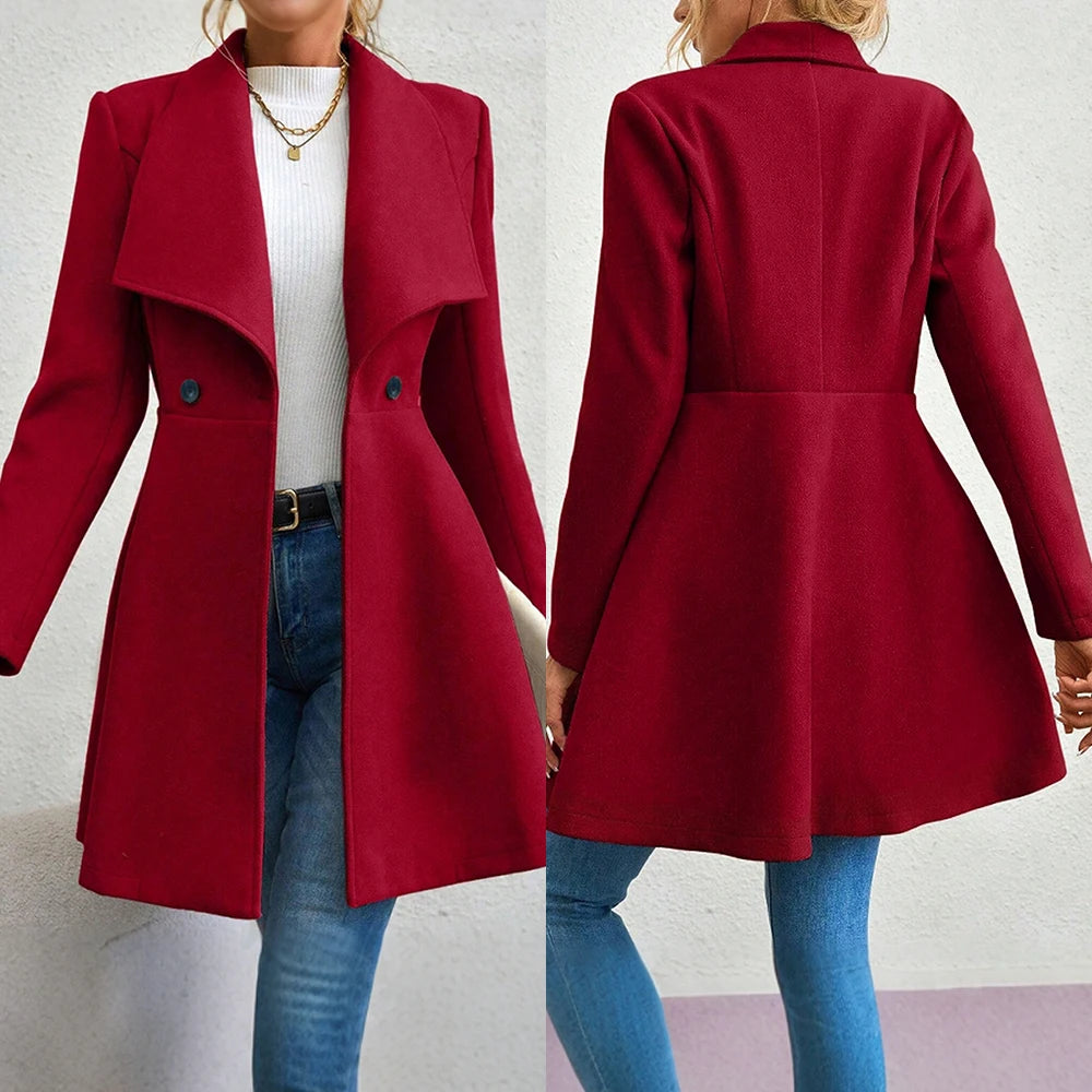 Women's Winter Coat – Solid Color, Long Sleeve, Lapel, Button-Up Workwear