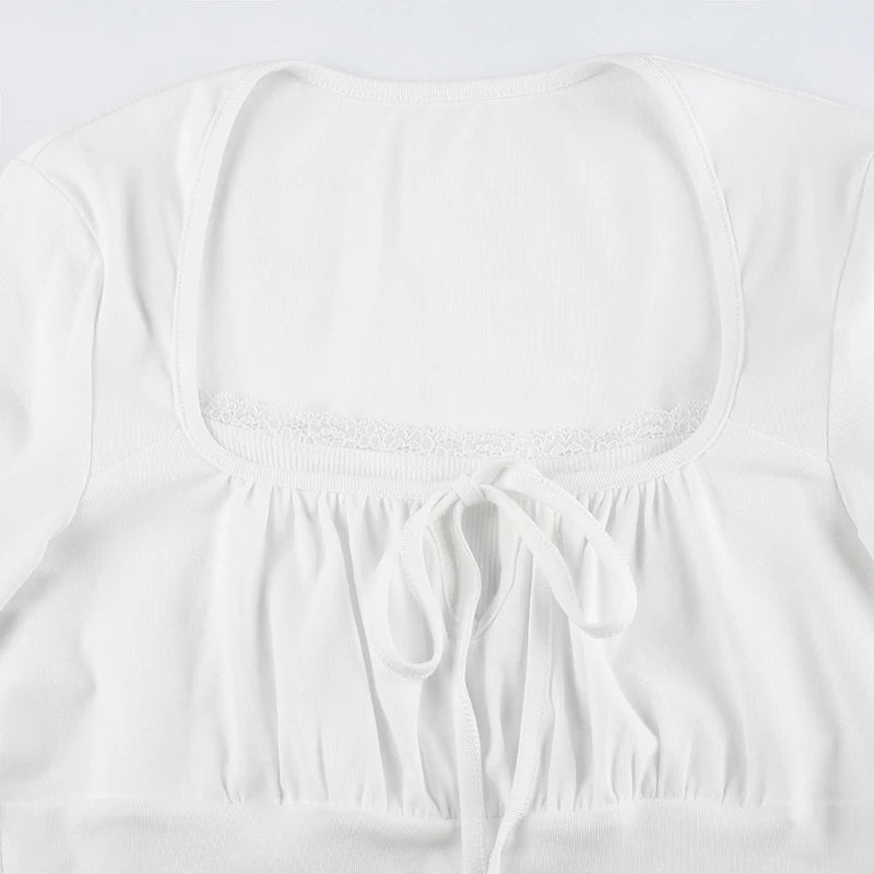 Rockmore Lace Stitching Kawaii T-Shirt – Slim Fit, Long Sleeve, Square Collar, Casual Spring/Autumn Pullover