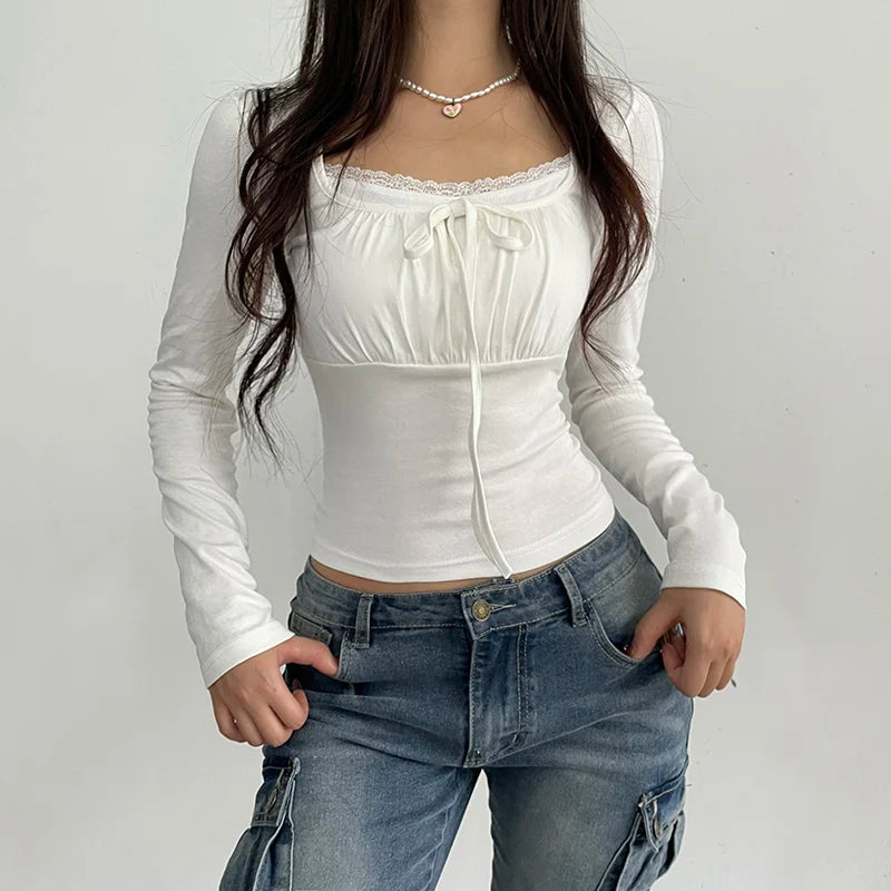 Rockmore Lace Stitching Kawaii T-Shirt – Slim Fit, Long Sleeve, Square Collar, Casual Spring/Autumn Pullover