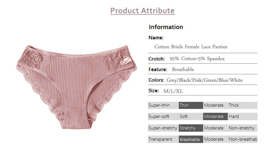 5PCS Set Women's Cotton Panties – Sexy Lace Briefs, Ribbed Lingerie, Hollow Out Design, Low Rise Underwear