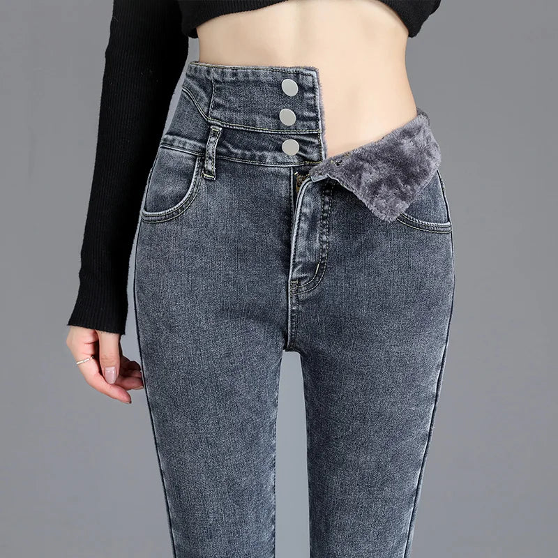 Thermal Winter Skinny Jeans – Thick Fleece, High Waist, Warm, Stretchy, Button Closure, Pencil Fit, Casual Mom Velvet Jeans