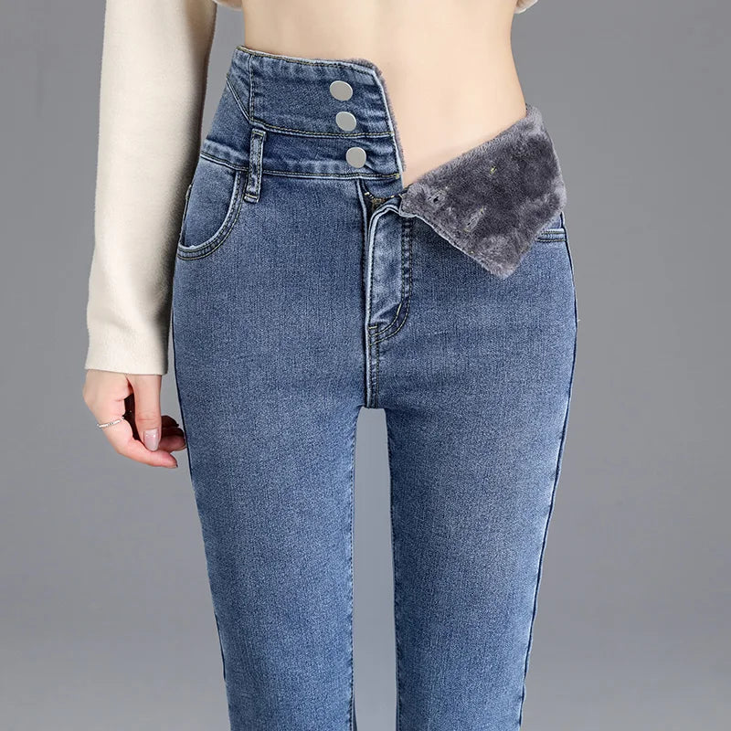 Thermal Winter Skinny Jeans – Thick Fleece, High Waist, Warm, Stretchy, Button Closure, Pencil Fit, Casual Mom Velvet Jeans