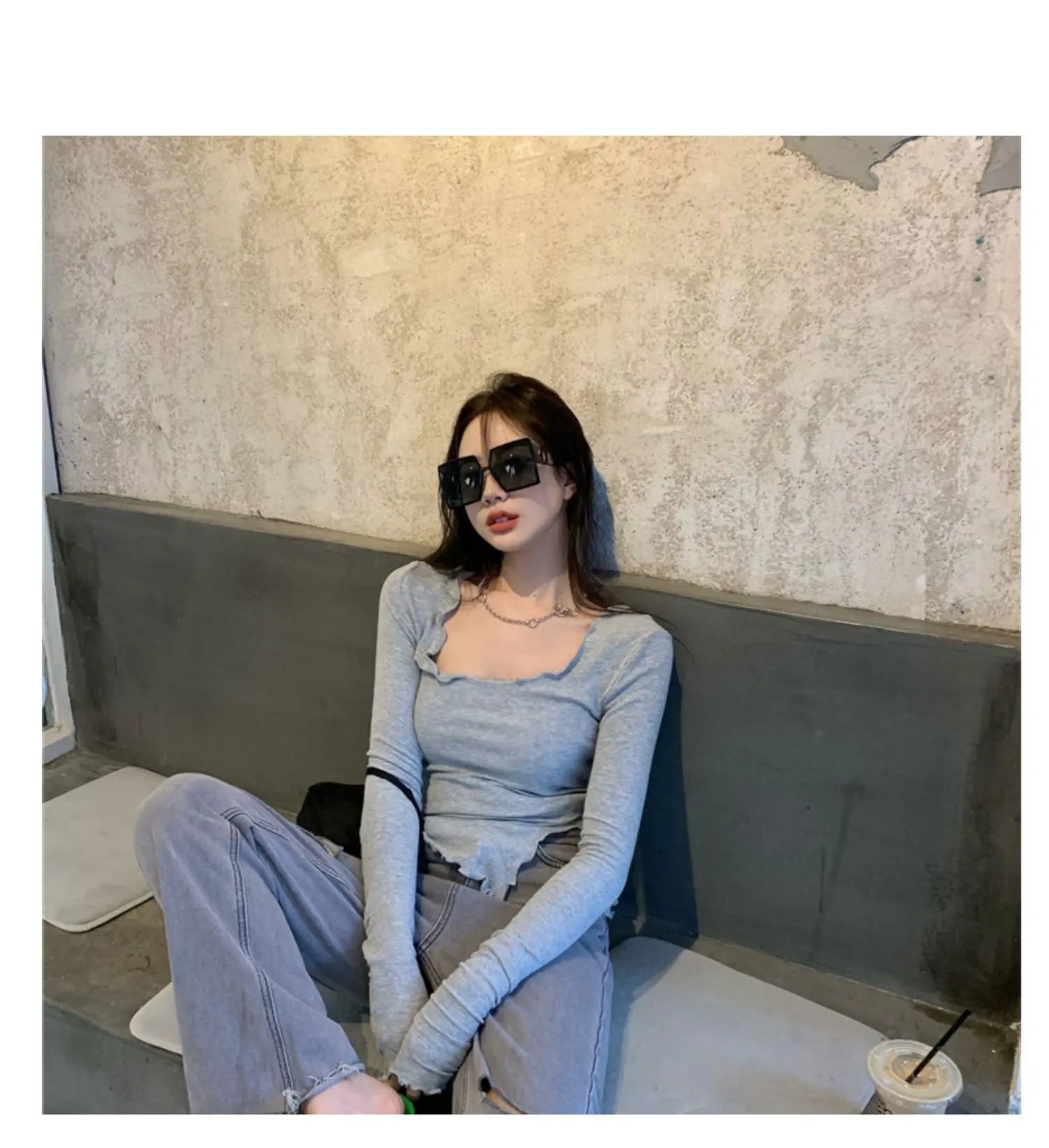Women's Long Sleeve T-Shirt – Knitted, Slender Fit, Irregular Hem, Chic Ulzzang Autumn Wear
