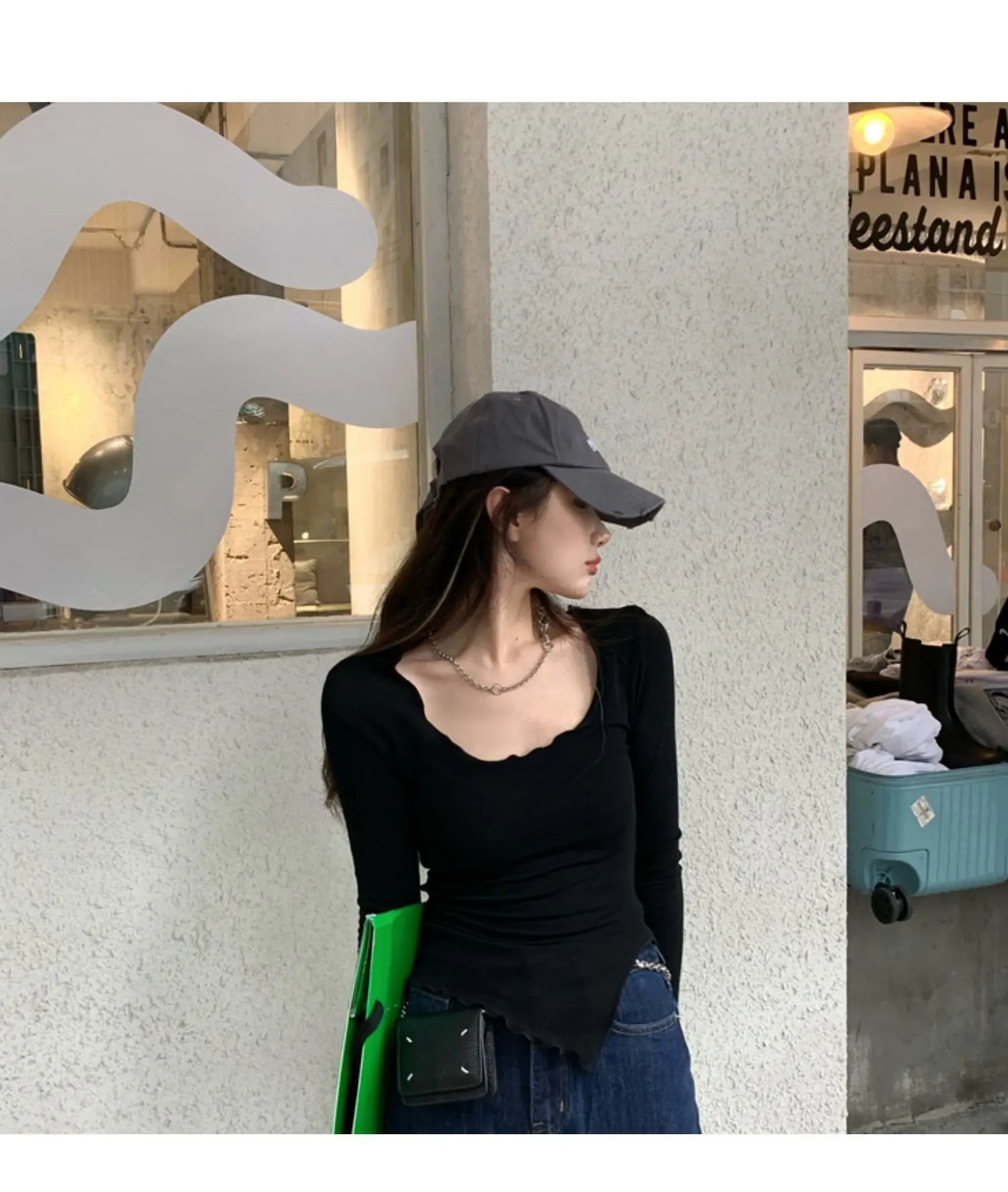 Women's Long Sleeve T-Shirt – Knitted, Slender Fit, Irregular Hem, Chic Ulzzang Autumn Wear