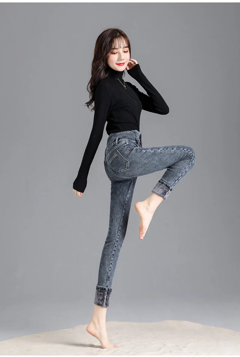 Thermal Winter Skinny Jeans – Thick Fleece, High Waist, Warm, Stretchy, Button Closure, Pencil Fit, Casual Mom Velvet Jeans