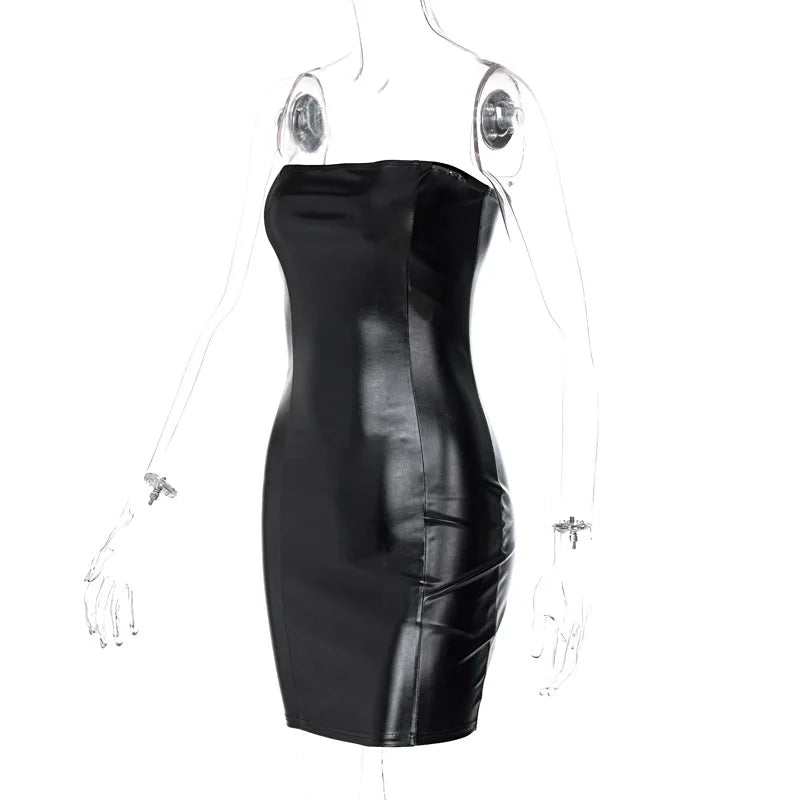 Women’s Strapless PU Leather Bodycon Mini Dress – Sexy Summer Party Slim Black Sundress