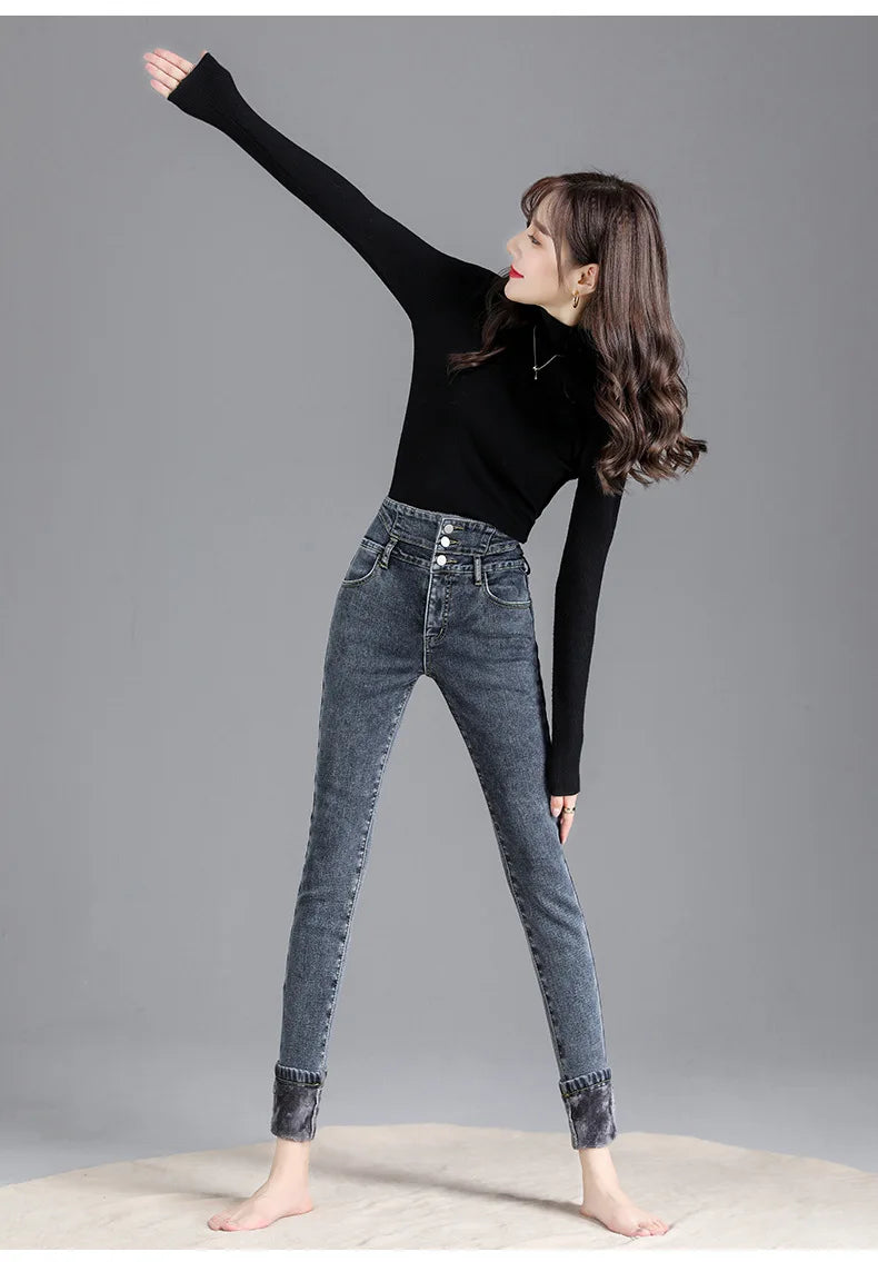 Thermal Winter Skinny Jeans – Thick Fleece, High Waist, Warm, Stretchy, Button Closure, Pencil Fit, Casual Mom Velvet Jeans