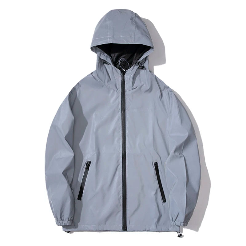 Night Reflective Jackets – Double Fabric Windbreaker, Hooded, Waterproof, Zipper Coats for Men, Ideal for Hip Hop Dancers