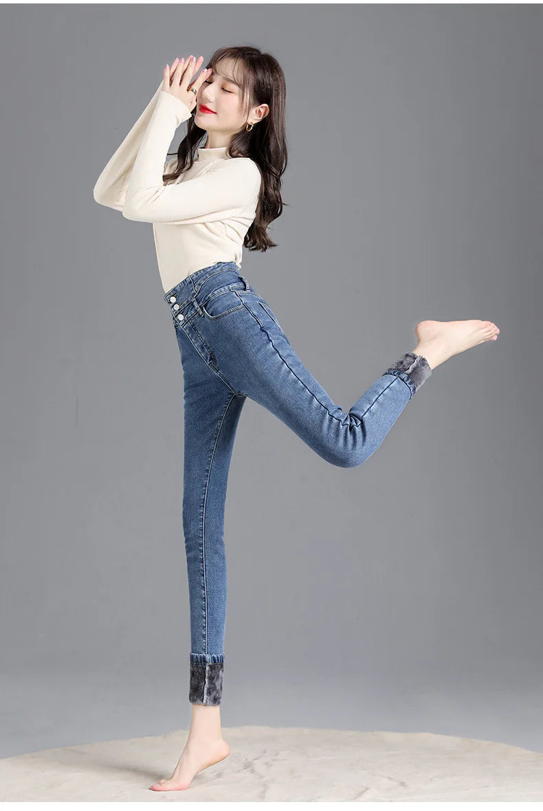 Thermal Winter Skinny Jeans – Thick Fleece, High Waist, Warm, Stretchy, Button Closure, Pencil Fit, Casual Mom Velvet Jeans