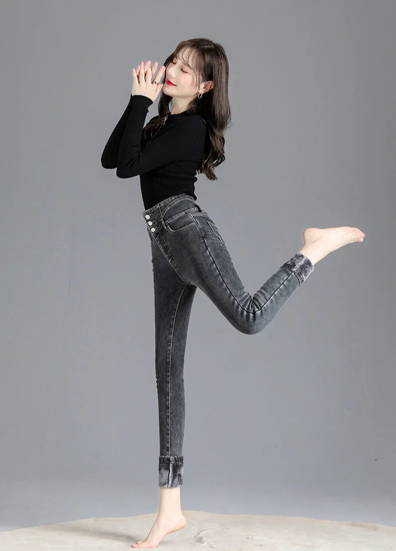 Thermal Winter Skinny Jeans – Thick Fleece, High Waist, Warm, Stretchy, Button Closure, Pencil Fit, Casual Mom Velvet Jeans