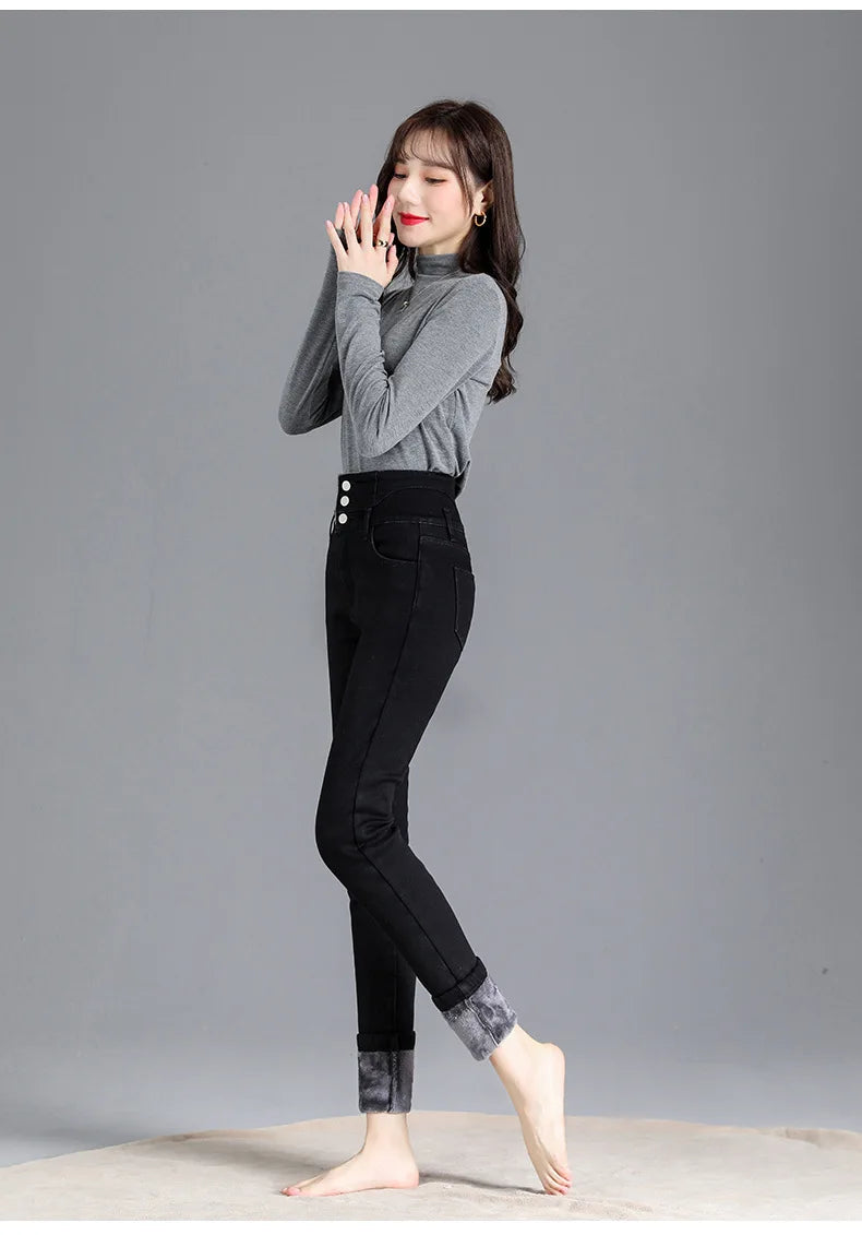 Thermal Winter Skinny Jeans – Thick Fleece, High Waist, Warm, Stretchy, Button Closure, Pencil Fit, Casual Mom Velvet Jeans
