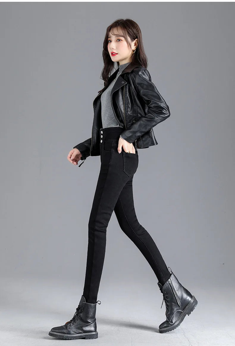 Thermal Winter Skinny Jeans – Thick Fleece, High Waist, Warm, Stretchy, Button Closure, Pencil Fit, Casual Mom Velvet Jeans