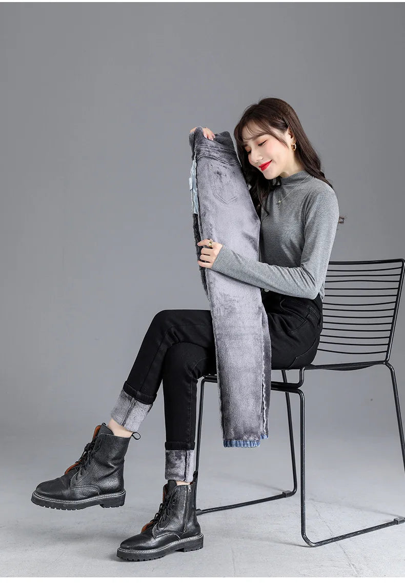 Thermal Winter Skinny Jeans – Thick Fleece, High Waist, Warm, Stretchy, Button Closure, Pencil Fit, Casual Mom Velvet Jeans