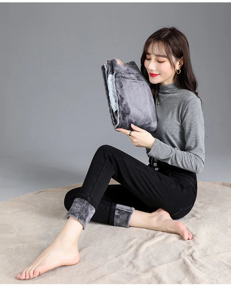 Thermal Winter Skinny Jeans – Thick Fleece, High Waist, Warm, Stretchy, Button Closure, Pencil Fit, Casual Mom Velvet Jeans