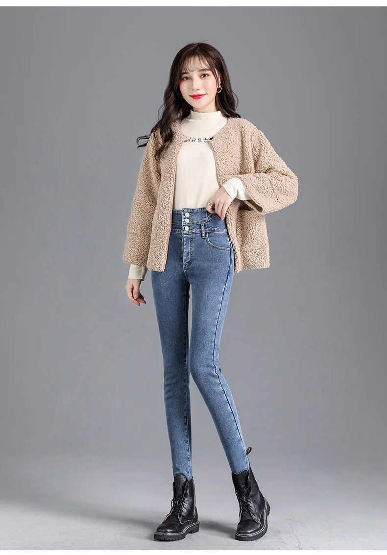 Thermal Winter Skinny Jeans – Thick Fleece, High Waist, Warm, Stretchy, Button Closure, Pencil Fit, Casual Mom Velvet Jeans