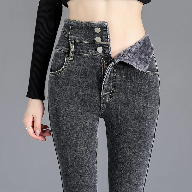 Thermal Winter Skinny Jeans – Thick Fleece, High Waist, Warm, Stretchy, Button Closure, Pencil Fit, Casual Mom Velvet Jeans