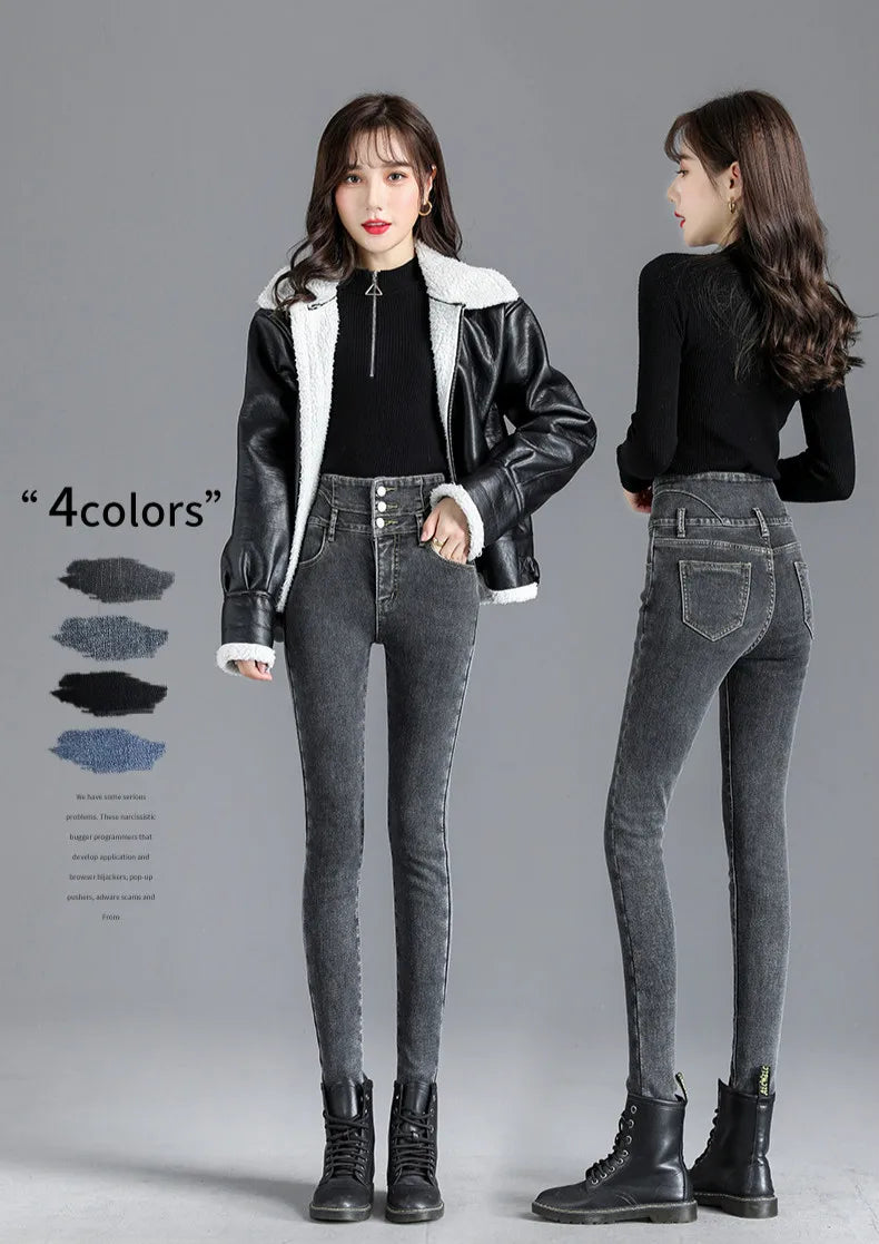 Thermal Winter Skinny Jeans – Thick Fleece, High Waist, Warm, Stretchy, Button Closure, Pencil Fit, Casual Mom Velvet Jeans