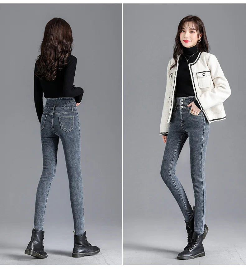 Thermal Winter Skinny Jeans – Thick Fleece, High Waist, Warm, Stretchy, Button Closure, Pencil Fit, Casual Mom Velvet Jeans