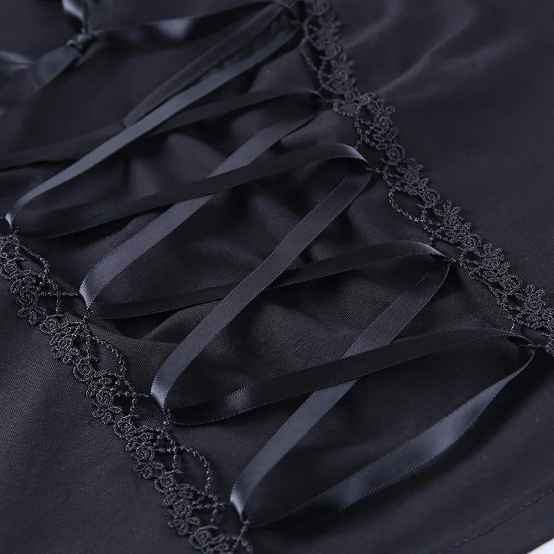Vintage Goth T-Shirt – Bodycon, Bandage Lace, Black Mesh, Sexy Gothic Streetwear for Women