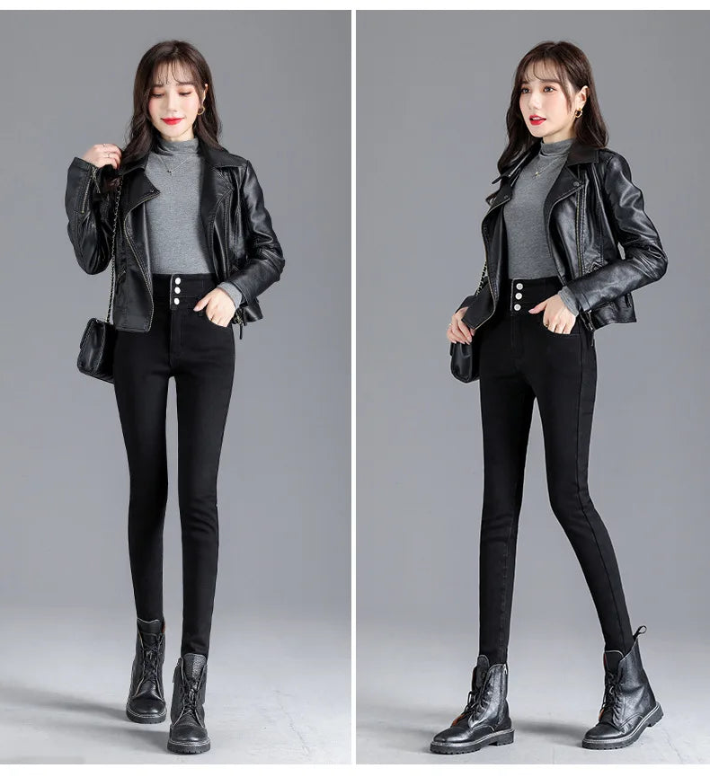 Thermal Winter Skinny Jeans – Thick Fleece, High Waist, Warm, Stretchy, Button Closure, Pencil Fit, Casual Mom Velvet Jeans