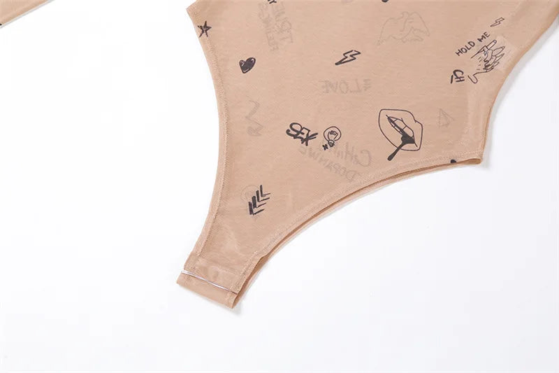 Sexy Slim Bodysuit – Tight-Fitting, One-Piece, Long Sleeve, O-Neck, Printed, Summer Party Wear