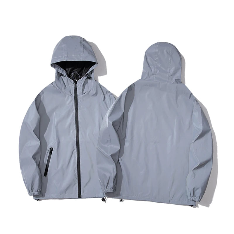 Night Reflective Jackets – Double Fabric Windbreaker, Hooded, Waterproof, Zipper Coats for Men, Ideal for Hip Hop Dancers