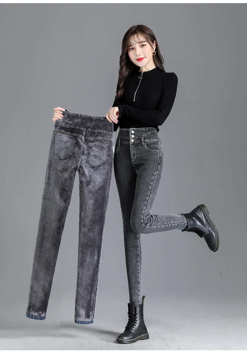 Thermal Winter Skinny Jeans – Thick Fleece, High Waist, Warm, Stretchy, Button Closure, Pencil Fit, Casual Mom Velvet Jeans