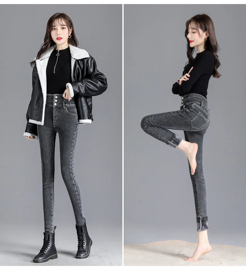 Thermal Winter Skinny Jeans – Thick Fleece, High Waist, Warm, Stretchy, Button Closure, Pencil Fit, Casual Mom Velvet Jeans