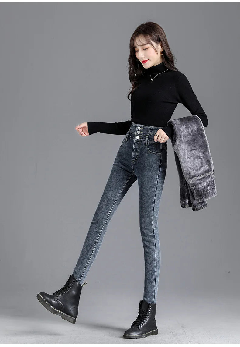 Thermal Winter Skinny Jeans – Thick Fleece, High Waist, Warm, Stretchy, Button Closure, Pencil Fit, Casual Mom Velvet Jeans