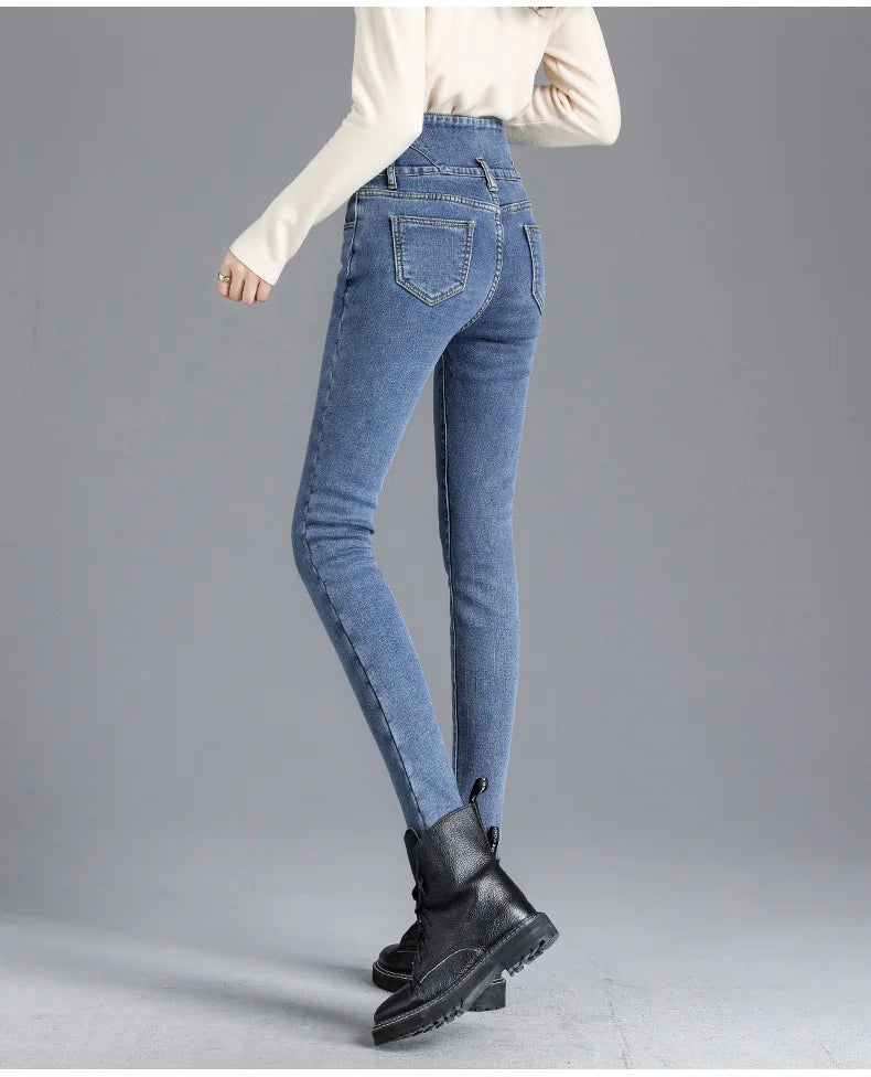 Thermal Winter Skinny Jeans – Thick Fleece, High Waist, Warm, Stretchy, Button Closure, Pencil Fit, Casual Mom Velvet Jeans