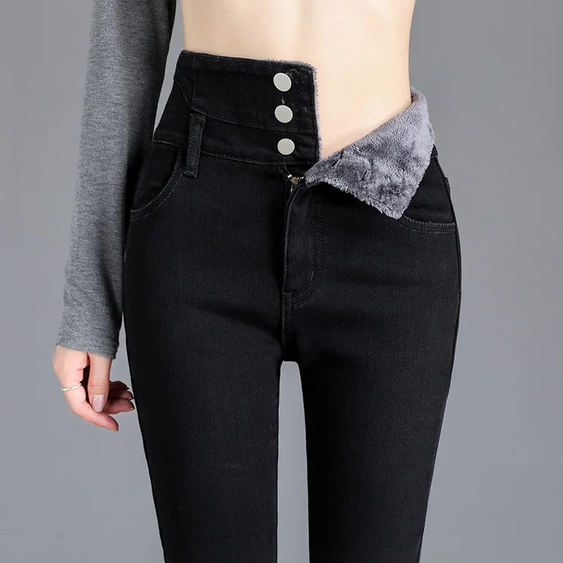 Thermal Winter Skinny Jeans – Thick Fleece, High Waist, Warm, Stretchy, Button Closure, Pencil Fit, Casual Mom Velvet Jeans