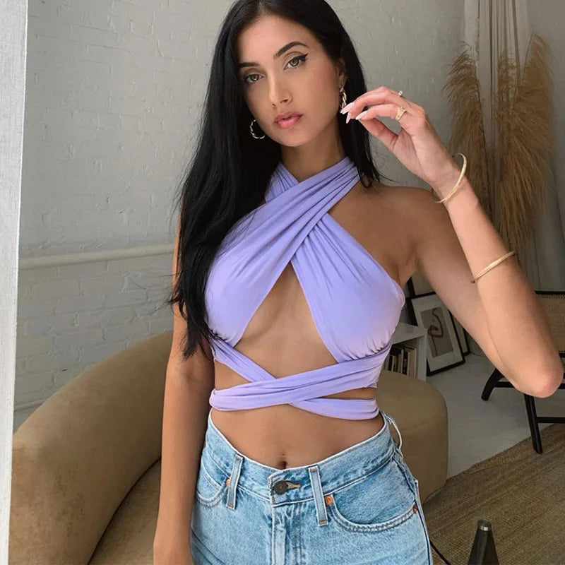Women’s Strappy Cross Over Crop Top – Cut-Out, Halter Neck, Sleeveless, Backless, Wrap Design, Bandage Style, Summer, Sexy Fashion