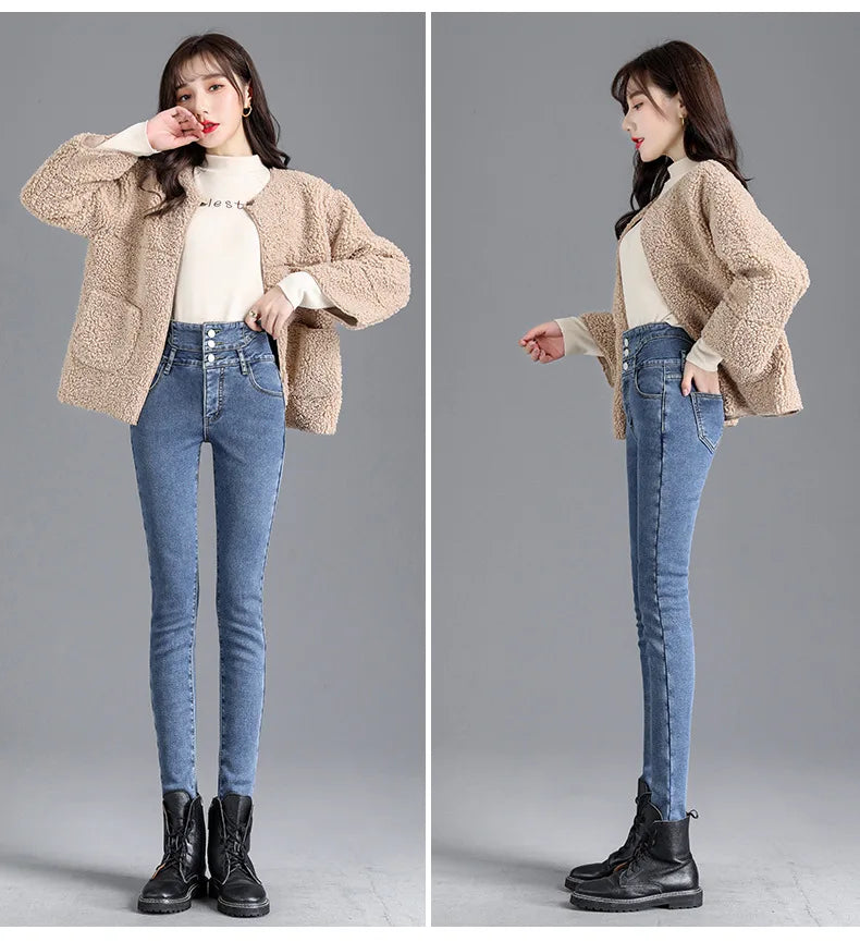 Thermal Winter Skinny Jeans – Thick Fleece, High Waist, Warm, Stretchy, Button Closure, Pencil Fit, Casual Mom Velvet Jeans