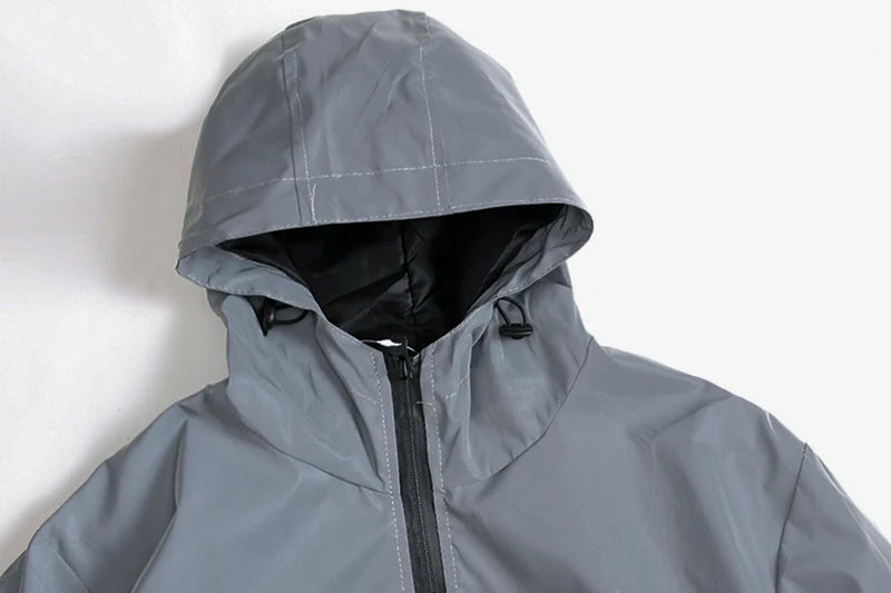 Night Reflective Jackets – Double Fabric Windbreaker, Hooded, Waterproof, Zipper Coats for Men, Ideal for Hip Hop Dancers