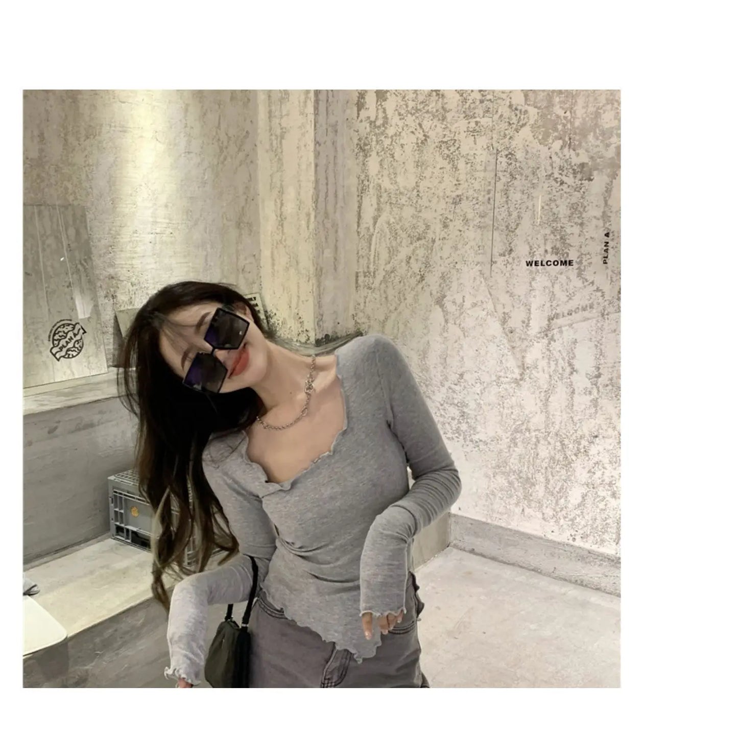 Women's Long Sleeve T-Shirt – Knitted, Slender Fit, Irregular Hem, Chic Ulzzang Autumn Wear