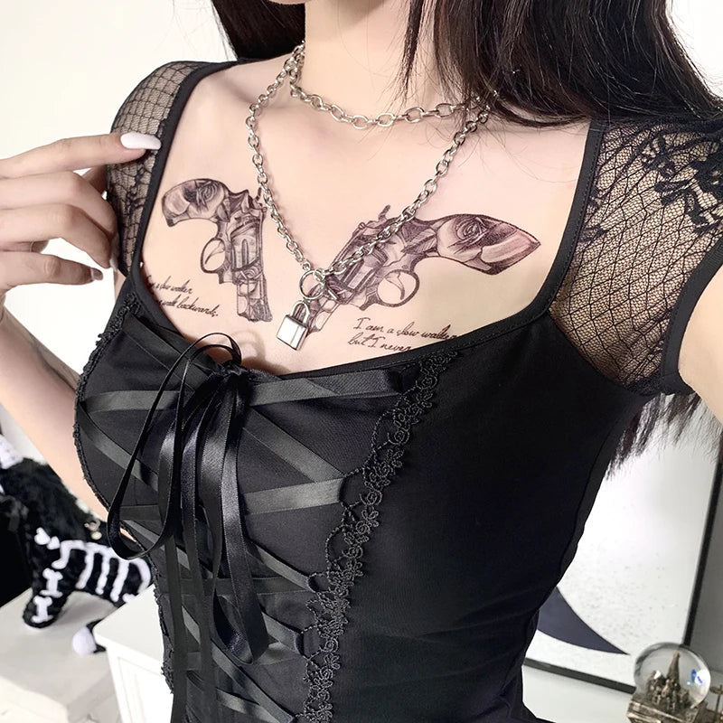 Vintage Goth T-Shirt – Bodycon, Bandage Lace, Black Mesh, Sexy Gothic Streetwear for Women