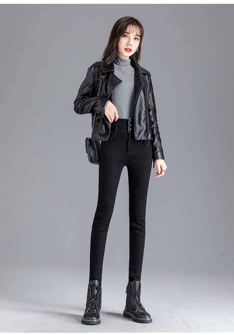 Thermal Winter Skinny Jeans – Thick Fleece, High Waist, Warm, Stretchy, Button Closure, Pencil Fit, Casual Mom Velvet Jeans