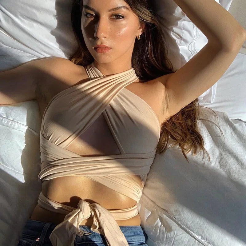 Women’s Strappy Cross Over Crop Top – Cut-Out, Halter Neck, Sleeveless, Backless, Wrap Design, Bandage Style, Summer, Sexy Fashion