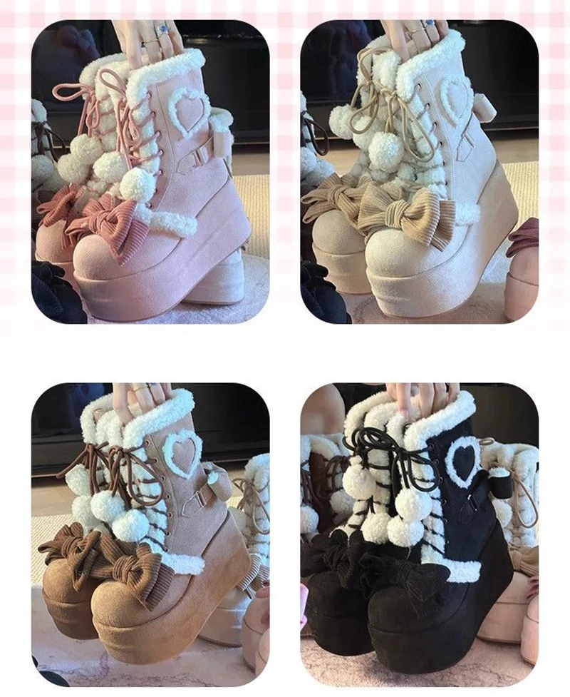 Sweet Winter Girls Lolita Mid-Calf Snow Boots - Cute Female Students Plush Warm Bowknots, Lace-Up Wedge Heel Heightening Shoes