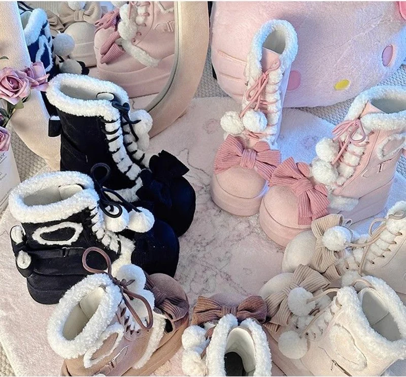 Sweet Winter Girls Lolita Mid-Calf Snow Boots - Cute Female Students Plush Warm Bowknots, Lace-Up Wedge Heel Heightening Shoes