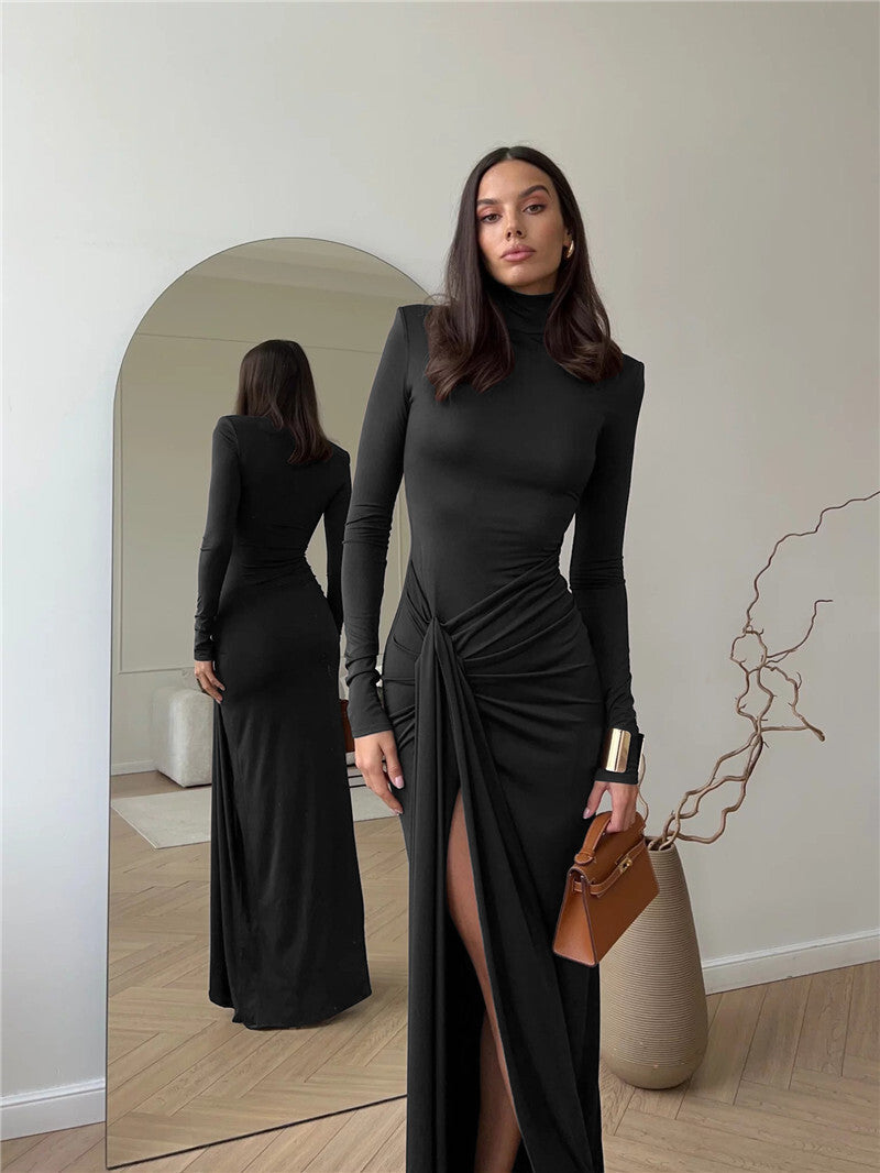 Turtleneck Thigh-High Split Maxi Dress – Sexy Long Sleeve Draped Bandage Bodycon Club Dress for Women